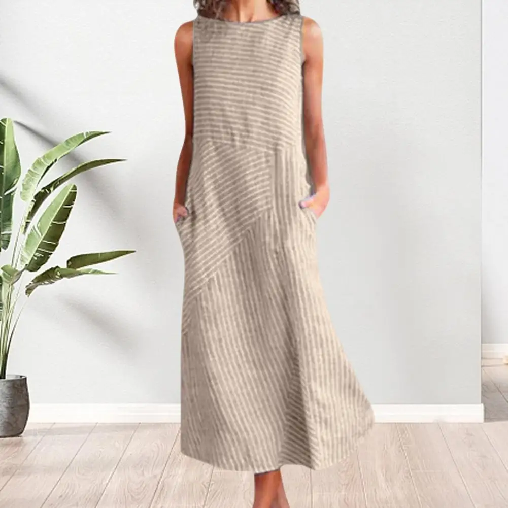 Lightweight Striped Dress Striped Print Midi Dress with Side Pockets Summer Sundress for Wear A-line O Neck Patchwork Design