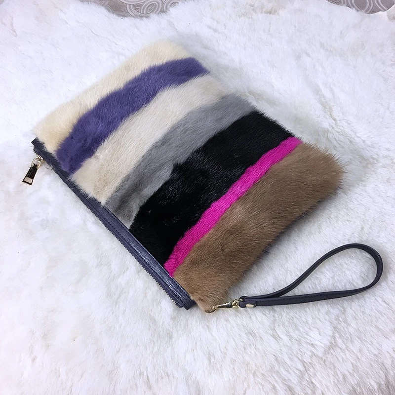 Elegant Luxury Women's Fur Bag High Quality Mink Fur Striped Design Envelope Bag Fashion Trend Plush Square Bag