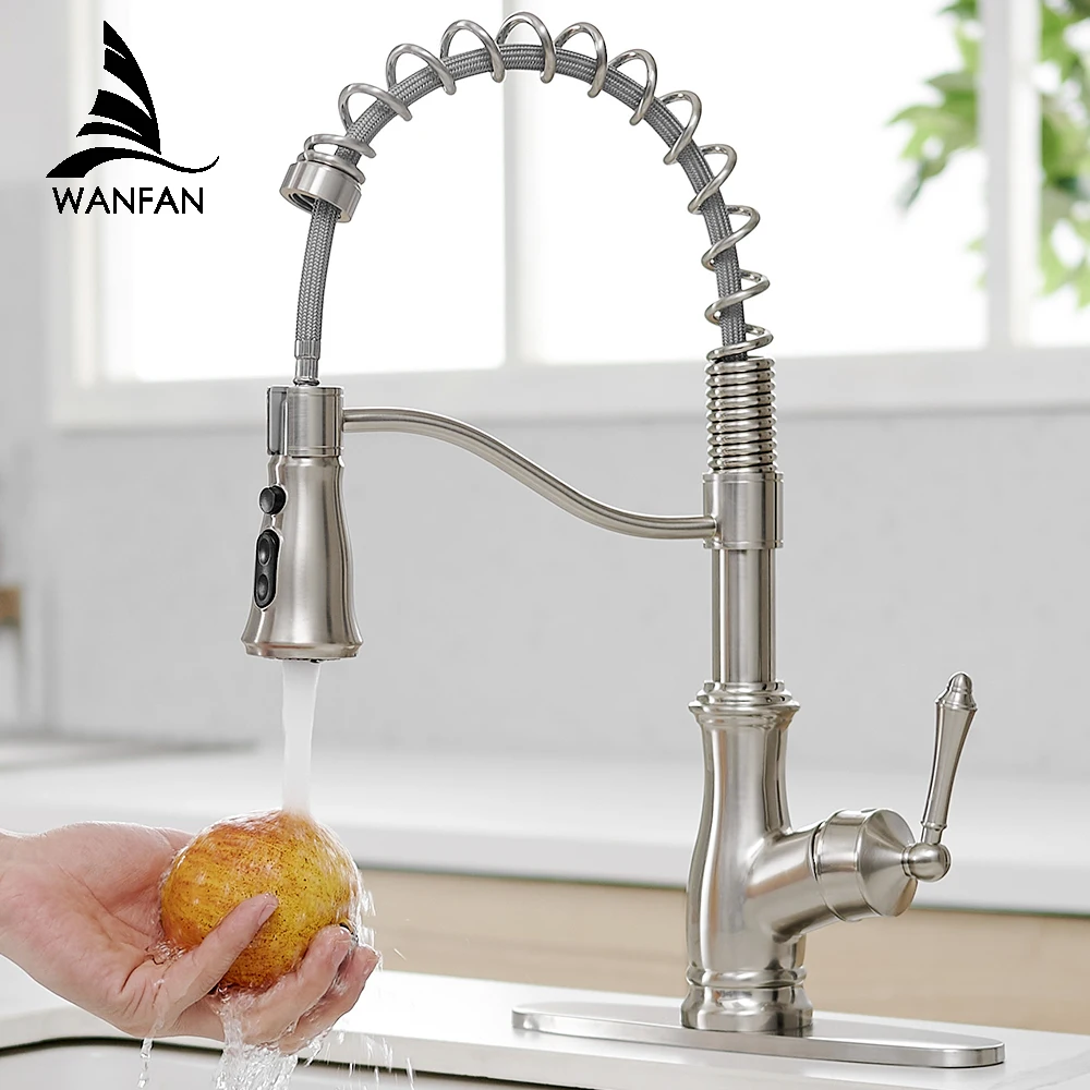 Kitchen Faucet Brushed Nickel Faucets for Kitchen Sink Single Lever Pull Out Spring Spout Mixers Tap Hot Cold Water Crane 866020