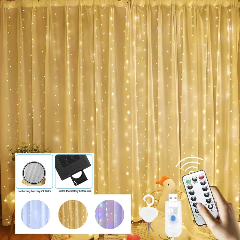 3/6M Window USB 8 Modes Curtain Lights Fairy Garland Light String Christmas Wedding Party Festoon Home Decoration