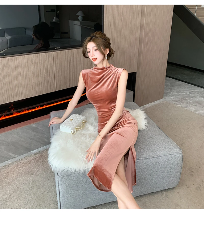 Korean Sleeveless Bodycon Velvet Midi Dresses for Women 2023