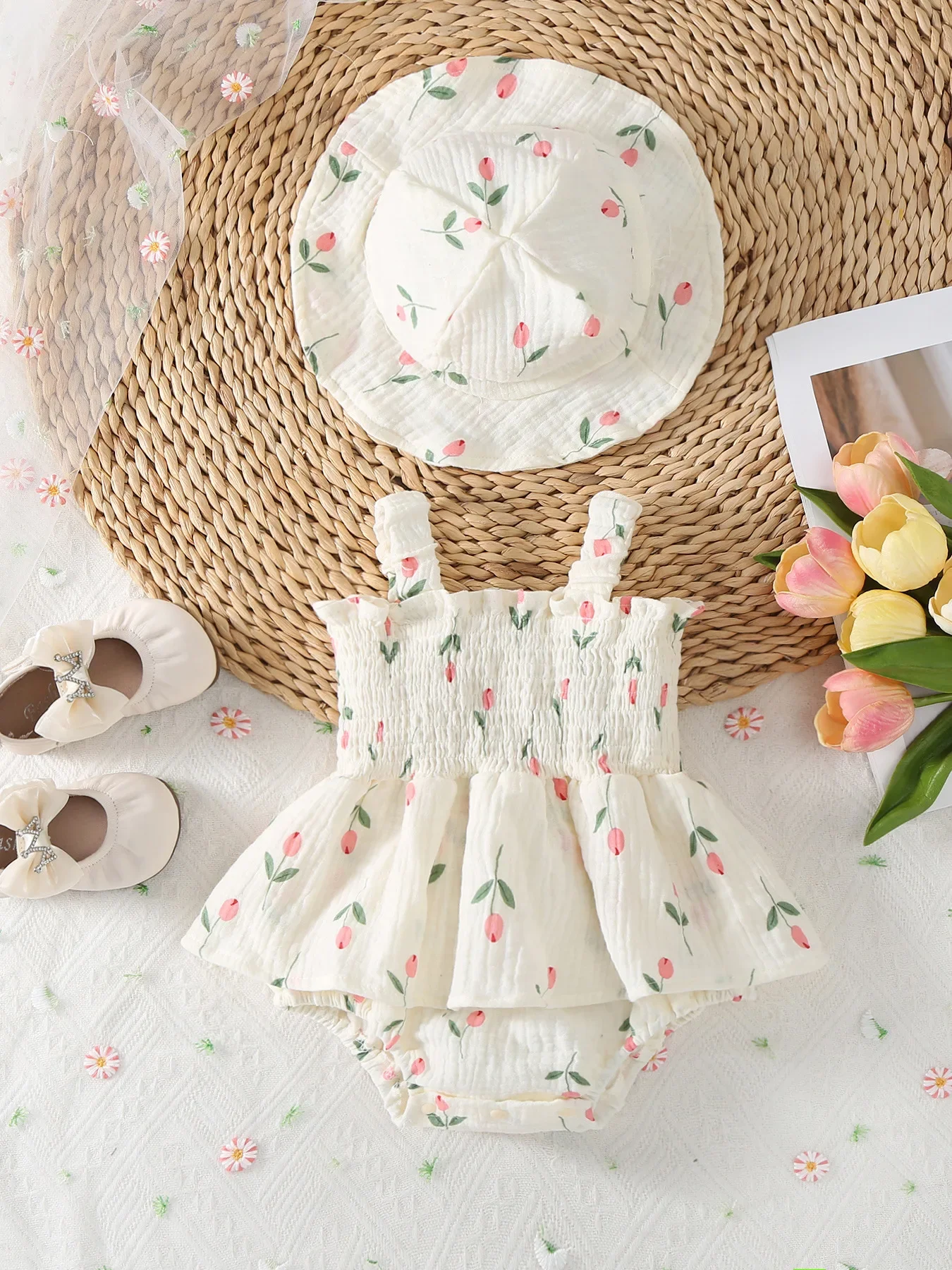 Cotton Baby Girls Summer Jumpsuit with Hat and Suspenders