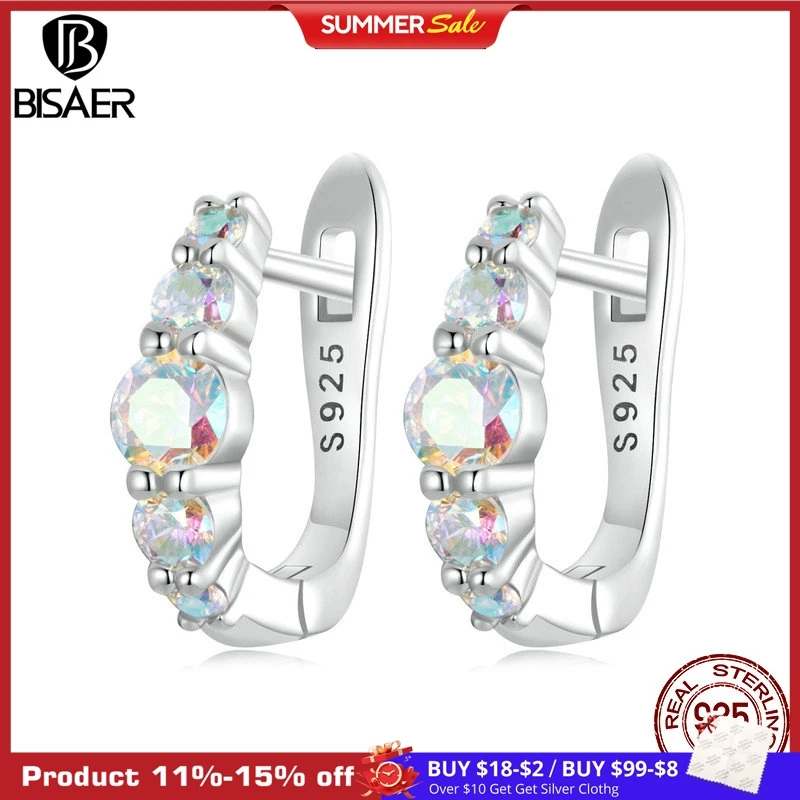 

BISAER 925 Sterling Silver Rainbow Zircon Buckles For Elegant Woman Dream Hoop Earrings Plated Platinum Fine Jewelry EFE960