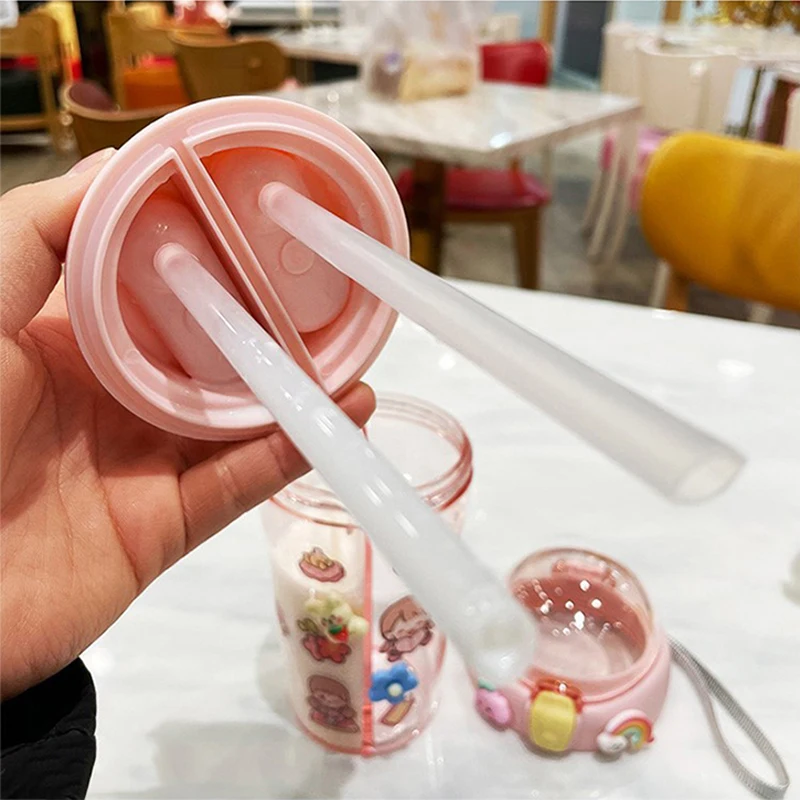 430ml süße Kinder Doppel Trinkwasserflasche Stroh tragbare Flasche Student Paar Plastikbecher Geschenk Schulkinder