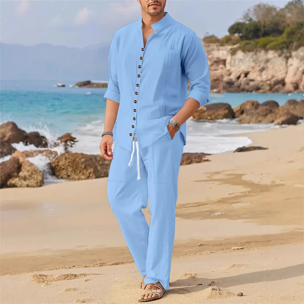 2025 Spring and autumn Cuban style fashion men's shirt trend casual multi-button stand collar loose long sleeve pants beach suit 4