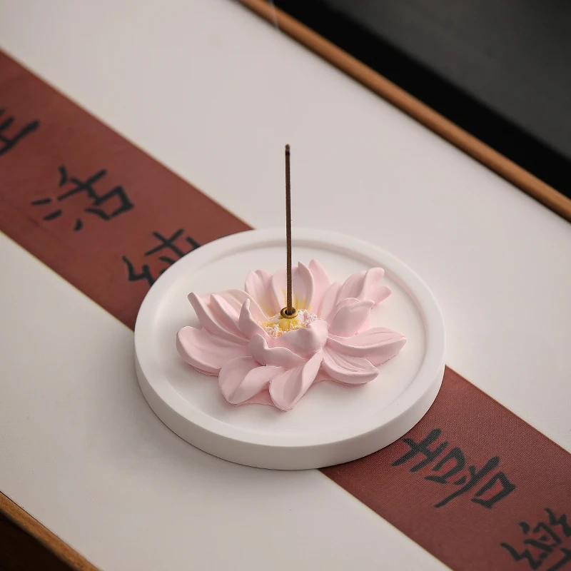 Gypsum Lotus Flower Fragrance Base Ornaments, Home Indoor Zen Tea Ceremony Decor, Chinese Style Small Incense Burner Holder, 1Pc