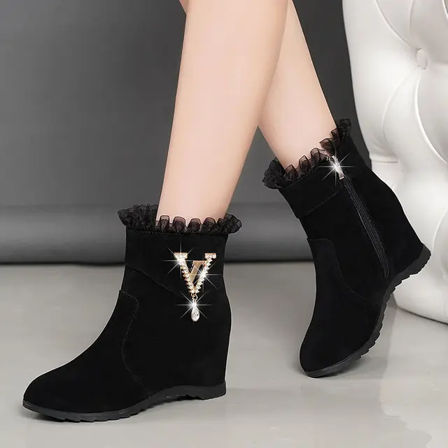 2021 Nieuwe Winter Mode Vrouwen Enkellaarzen Toenemende Hoogte Schoenen  Gaas Hoge Hakken Booties Metalen Strass Botas Mujer - AliExpress