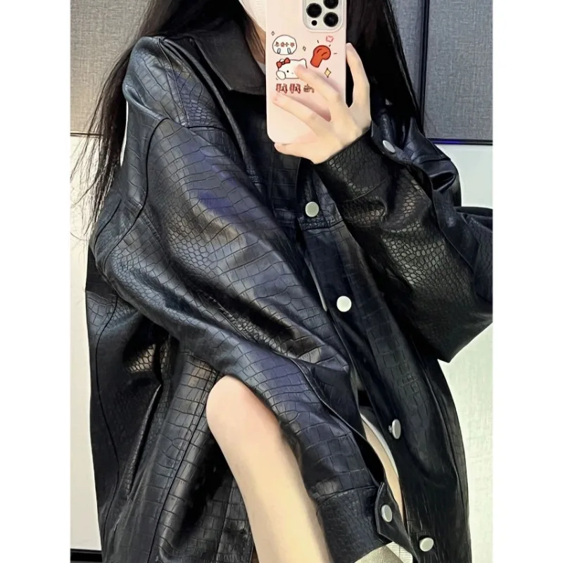 DAYIFUN Oversized Loose Jackets Women Spring Autumn New Leather Long Sleeve Coats Female Embroidered Design Jacket Couples Tops