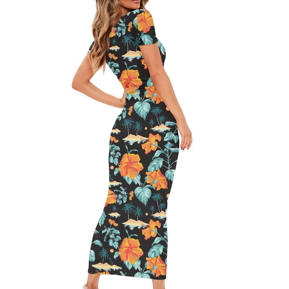 

2022 Hawaiian Polynesian Hibiscus Printed Maxi Dress Women's Summer Casual Short Sleeve Tunic Vestidos Female Floral Robe