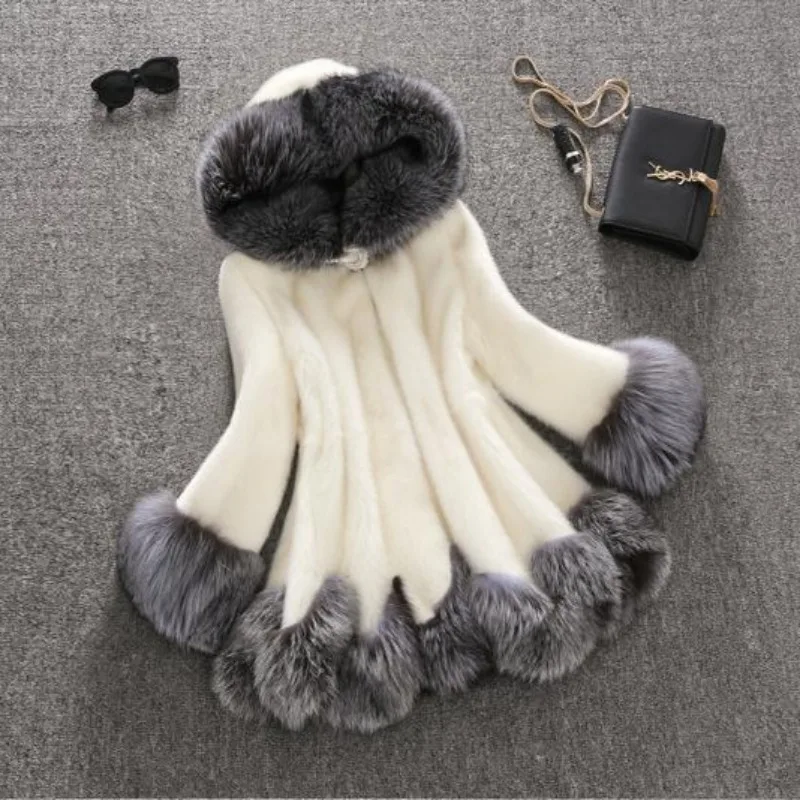 

Fur Lined Coat Medium Length Imitation Mink Female Slim Fitting Hood with Thickened Fur Coat