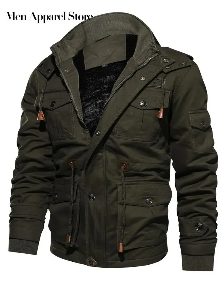 

Solid Thick Zipper Cargo Jackets For Men Stand Collar Muti Pocket Long Sleeve Men's Clothing Autumn Winter Warm Overcoats Man