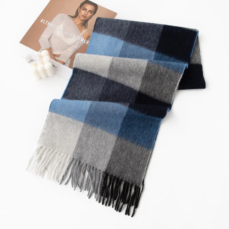 Thickened Autumn and Winter Plaid 100% Wool Scarf with Womens High End Feel Tassel Fashion Warm Scarf Comfortable Shawl