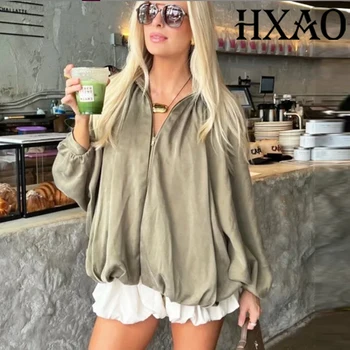 سترة نسائية منفوخة بطيات HXAO سترة صيفية خضراء منتفخة ملابس خارجية بأكمام طويلة وسحاب مقصوص Y2K خريف جديد في السترات