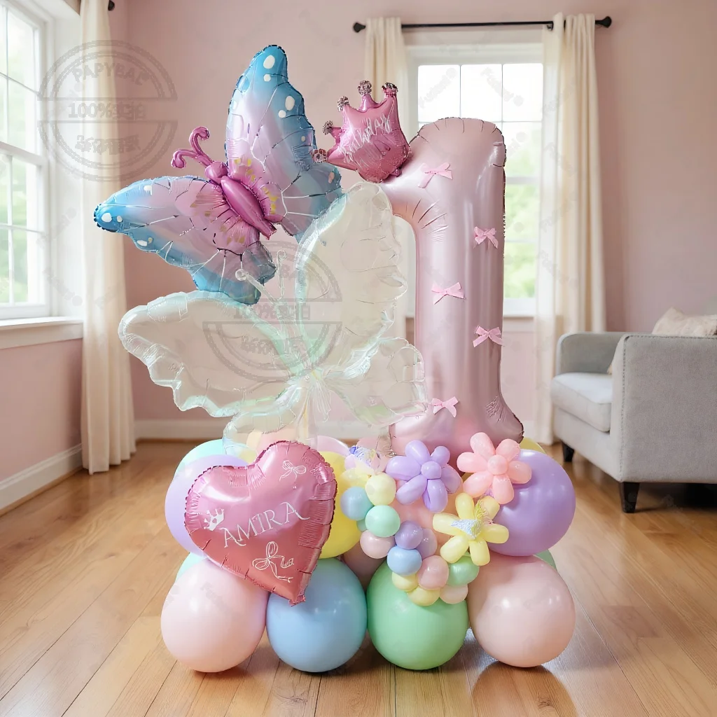 56-teiliges Buntes Schmetterlings-Liebesballon-Set Rosa Zahlen-Geburtstagsballons Festliche Partydekoration Taufzubehör