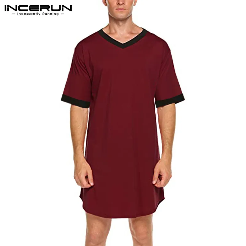 INCERUN 2024 Men Sleep Robes Short Sleeve V Neck Nightgown Patchwork Cozy Homewear Fashion Loose Mens Bathrobes Dressing Gown