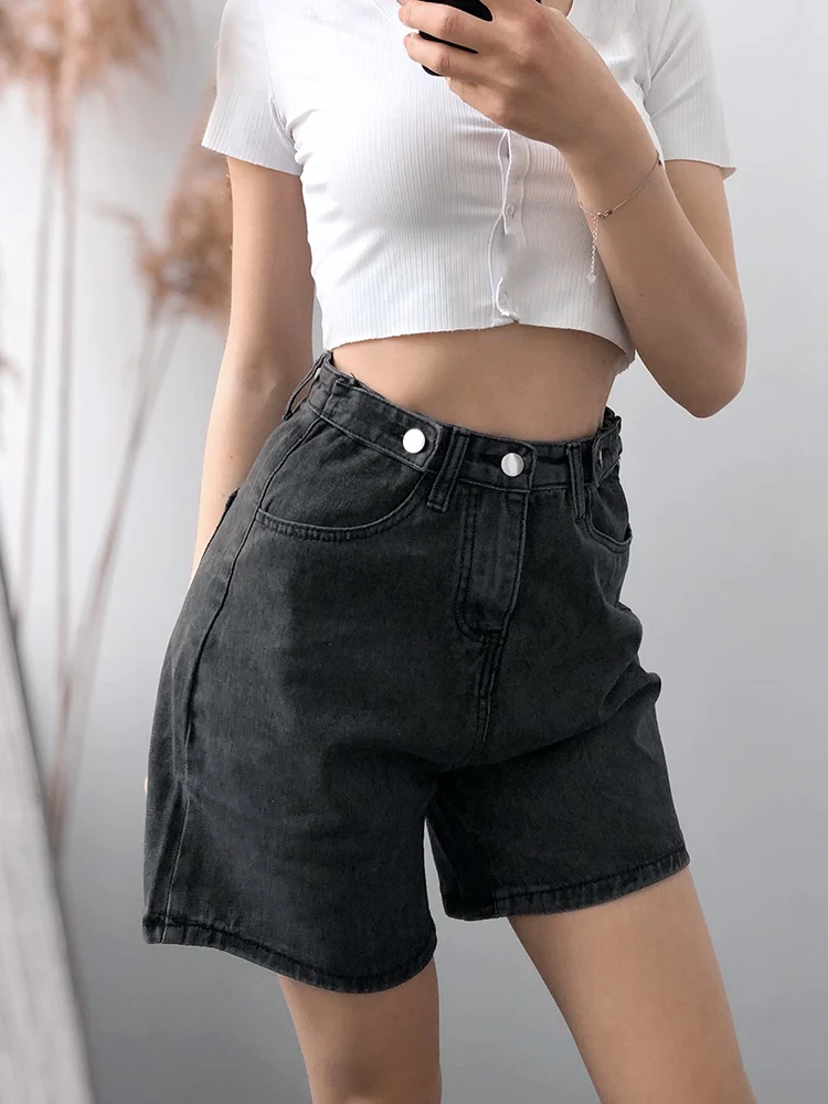 New Summer Women High Waist Button Wigh Leg Jeans Shorts Casual Female Loose Fit Blue Denim Shorts