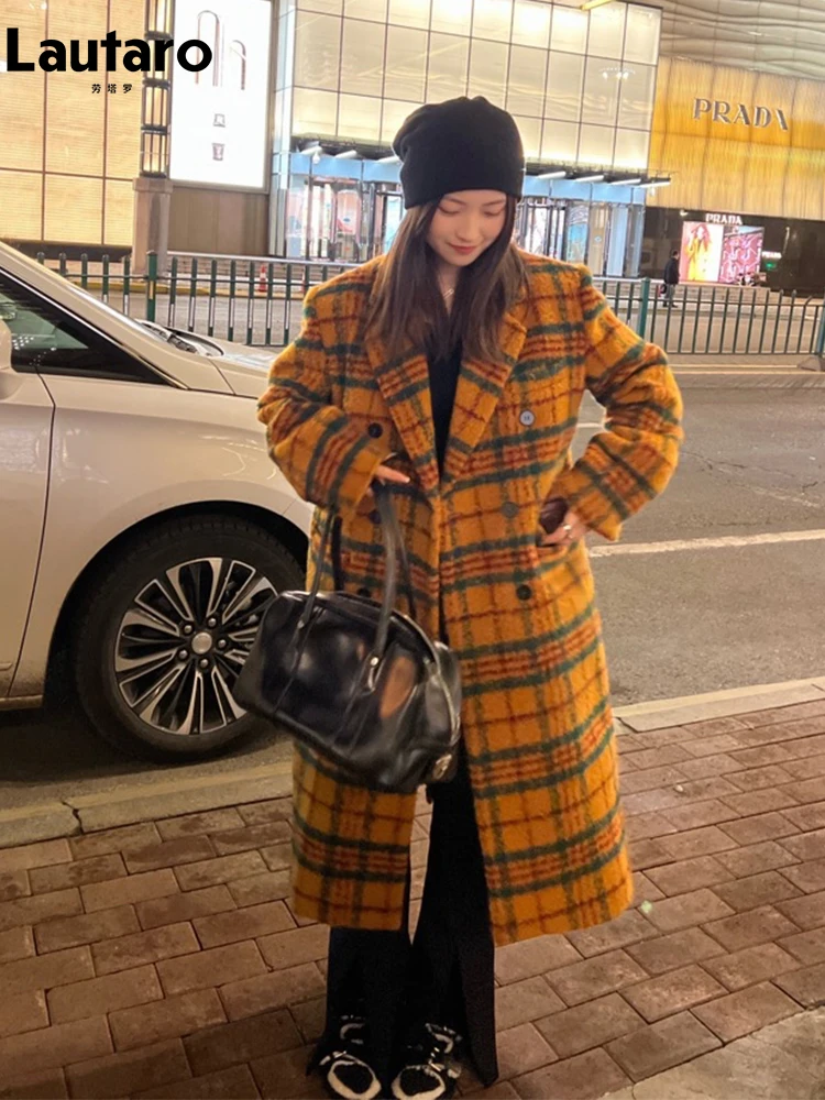 Checked Coat Mustard Color Women's Coat Lautaro-Women's Long