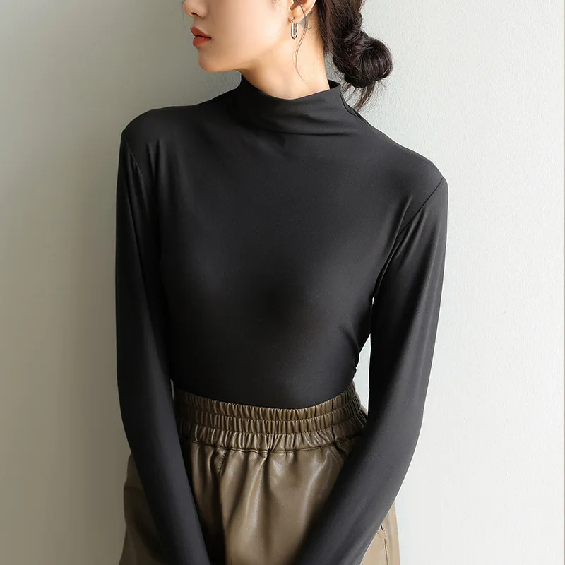 Autumn Women Long Sleeve T-shirt Pullovers Tops Casual Solid Mock Neck Thin Women Long Sleeve Pullovers Female Slim Inner Tops