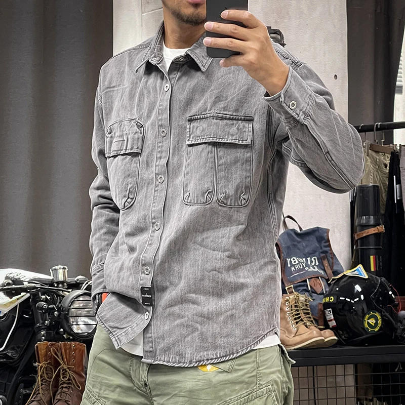 Denim Shirt Long Sleeved Shirt Spring and autumn American vintage heavy wash vintage color pocket loose for men