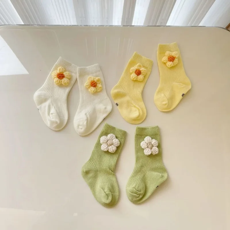 Cute Baby Handmade Knit Floral Socks Solid Color Middle Tube Kids Cotton Socks Newborn Infant Toddler Sockings 0-6years Old
