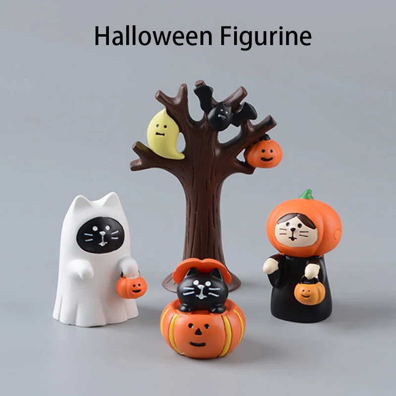 

Halloween Miniature Scene Resin Figurines Pumpkin Ghost Black Cat Decoration Desktop Home Micro Crafts Gift Children Kids Toys