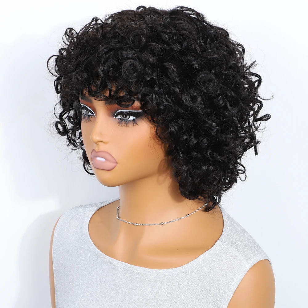 Lekker 여성용 짧은 곱슬 밥 100% 인모 가발, 앞머리 포함, 브라질 레미 헤어, 자연스러운 다크 풀 머신, 컬러 가발