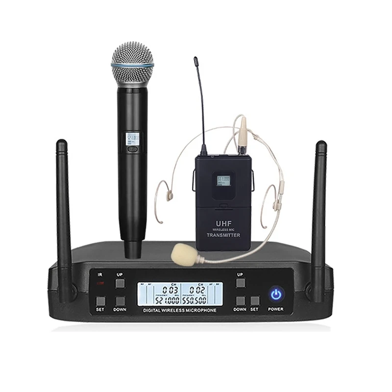 

Dual Wireless UHF Microphone System Mic For stage performances DJ Speech Dynamic 2 Channel lavalier Handheld Mic glxd4