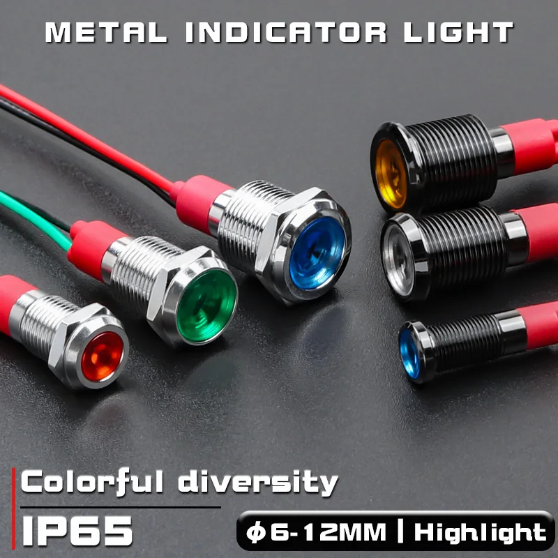 5V12V24V220V LED Metal Indicator Light 6/8/10/12mm With Wire Waterproof Highlight Signal Light Wire Switch Red Yellow Green