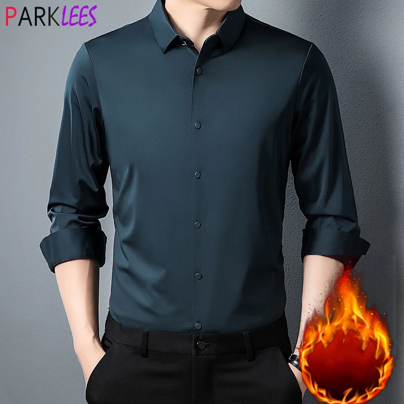

Winter Green Mens Dress Shirts Casual Fleece Linend Warm Shirt Men Slim Fit Long Sleeve Shirt Male Non Iron Easy Care Chemise