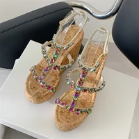 Eilyken Fashion Wood Grain Platform Wedges High Heels Woman Sandals CRYSTAL Buckle Strap Casual Ladies Summer Shoes - Image 2