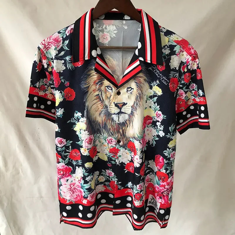

European Lion Flower Print Shirt Streetwear Hip Hop Fashion Aloha Tropical Top Hawaiian Beach Shirts Camisa Floral Masculina