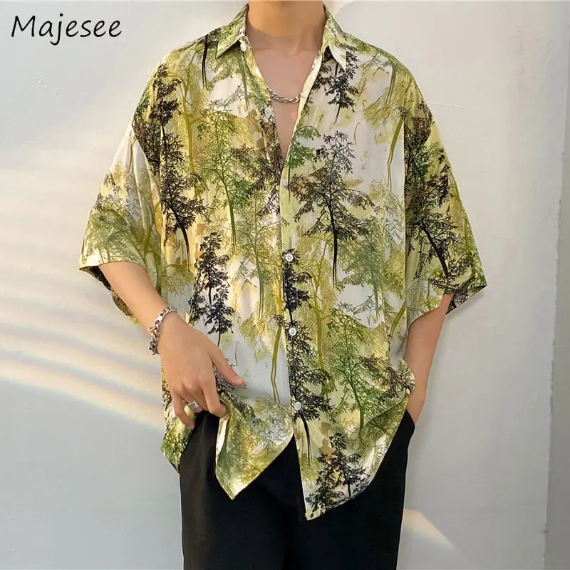 

Casual Shirts Men Vintage Summer Thin Hawaiian Beach Style Handsome Print Chic Clothing Baggy M-3XL Fashion Streetwear Vacation