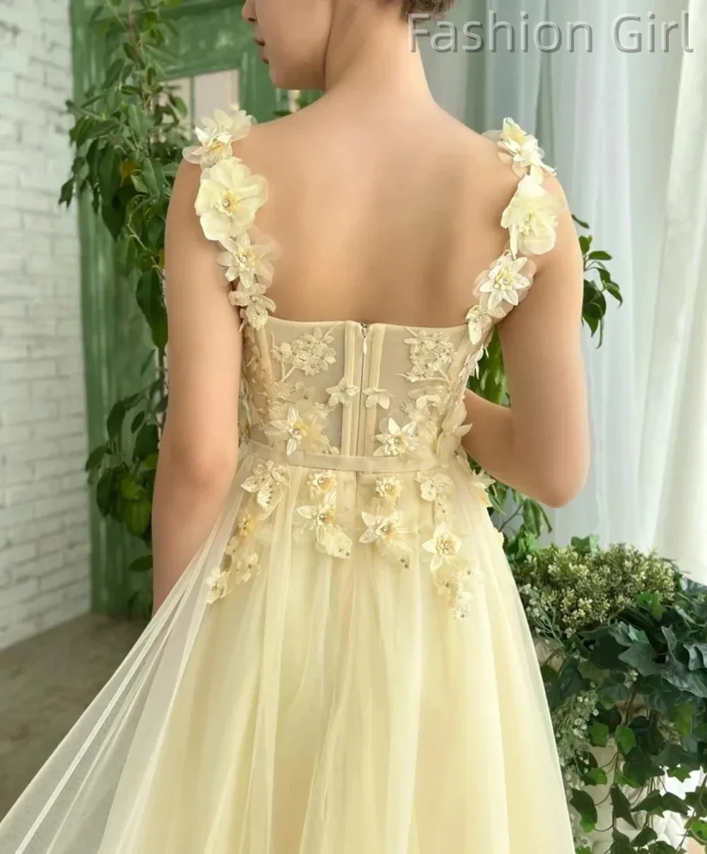 Classic Elegant Customized Handmade Women's Yellow A-line Princess Tulle 3D Decal Formal Occasion Party Prom Evening Dress 2024