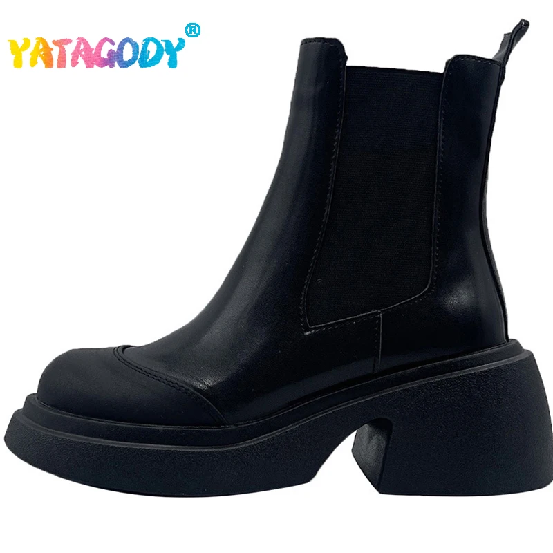

YATAGODY Size 35-39 Women Ankle Boots Ins Fashion Elastic Band Thick High Heels For Women Winter Shoes Platform Chelsea Boots