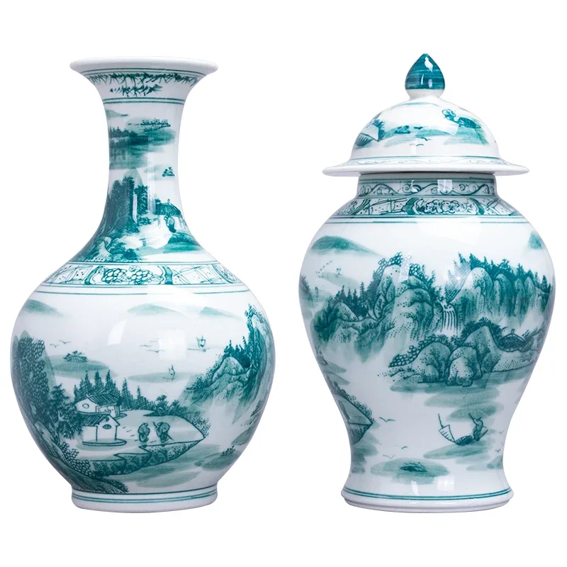 Jingdezhen Ceramics Green and White Ginger Jar with Lid Vase Decoration Living Room Ginger Jar Chinese Home Porch Cabinet Decor 2