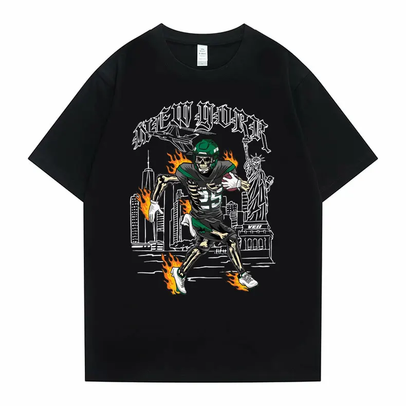 

American Vintage New York Rugby Player Skeleton Graphics Tshirt Men's Hip Hop Y2K Streetwear Tees Male Gothic Oversized T-shirts