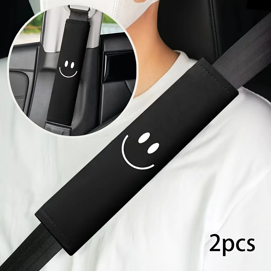 Smiling Embroidered Seat Belt Shoulder Covers - Soft Comfort Car Interior Decor Accessory