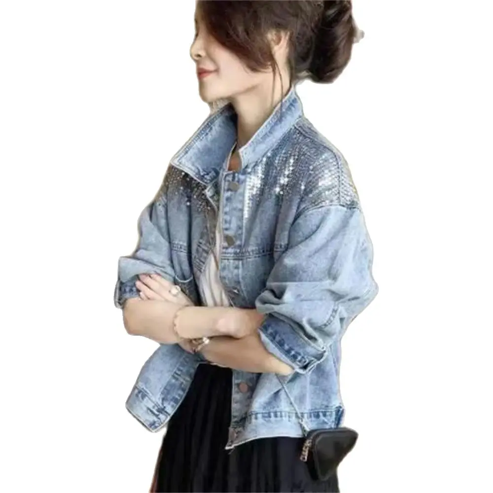 

Женская джинсовая куртка на пуговицах, Повседневная Свободная куртка из денима с блестками и короткими лацканами, верхняя одежда с длинным рукавом, весна-осень 2024