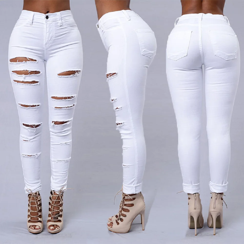 

High-waisted Women's Summer Jeans Stretch Europe And America Ripped Small Feet Denim Tight Nine-point Pants Women