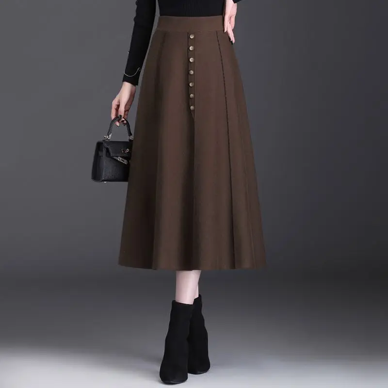 

Retro Knitted Skirts Women Autumn New Button Design Elegant Office Ladies Loose-fitting Leisure Solid All-match Skirt T820