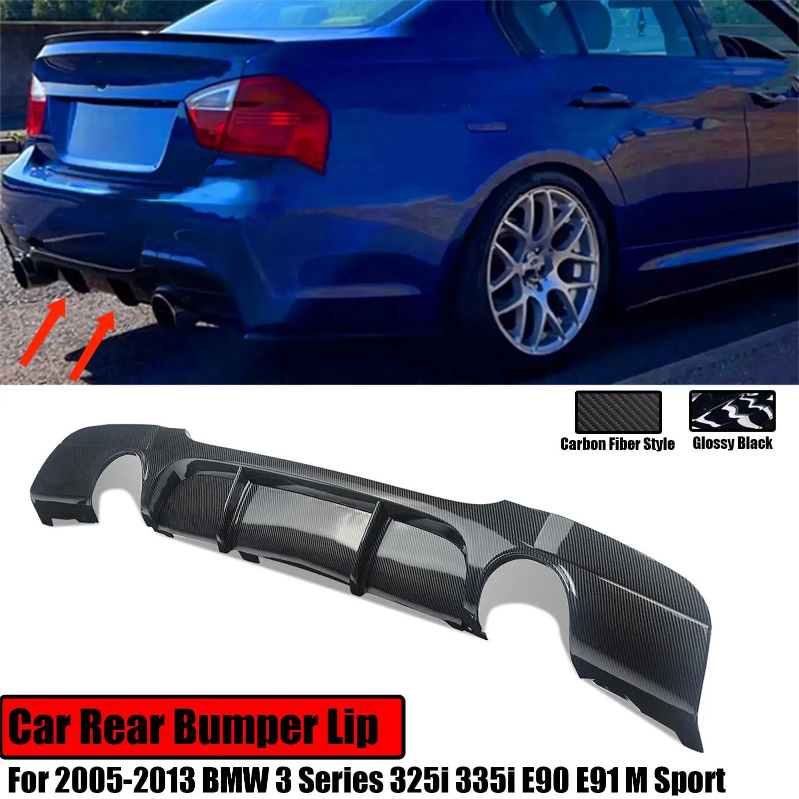 

For 2005-2013 BMW 3 Series 325i 335i E90 E91 M Sport Rear Bumper Lip Diffuser Spoiler Splitter Glossy Black Carbon Fiber Style