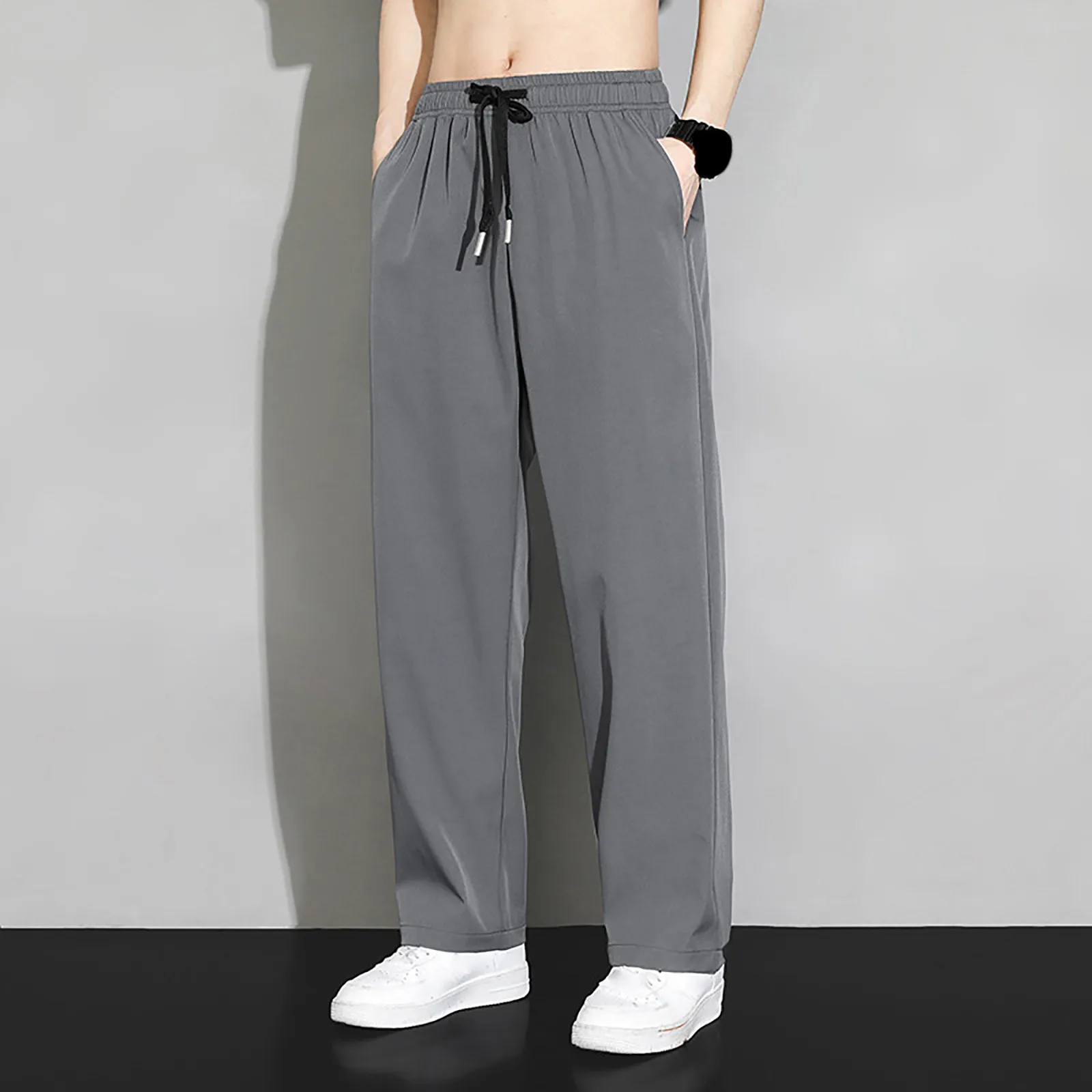 Men Pants Casual Pant Men Solid Baggy Wide Leg Pants Ankle Length Elastic Waist Loose Straight Trousers Tracksuit Bottoms Large Size