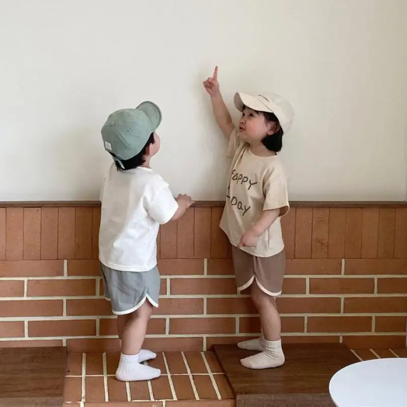 Baby Boy Summer Sports Set Girl Simple Smiley Letter Short Sleeves Tops Casual T-shirt Kid Loose Comfortable Cotton Shorts Suit baby outfit matching set