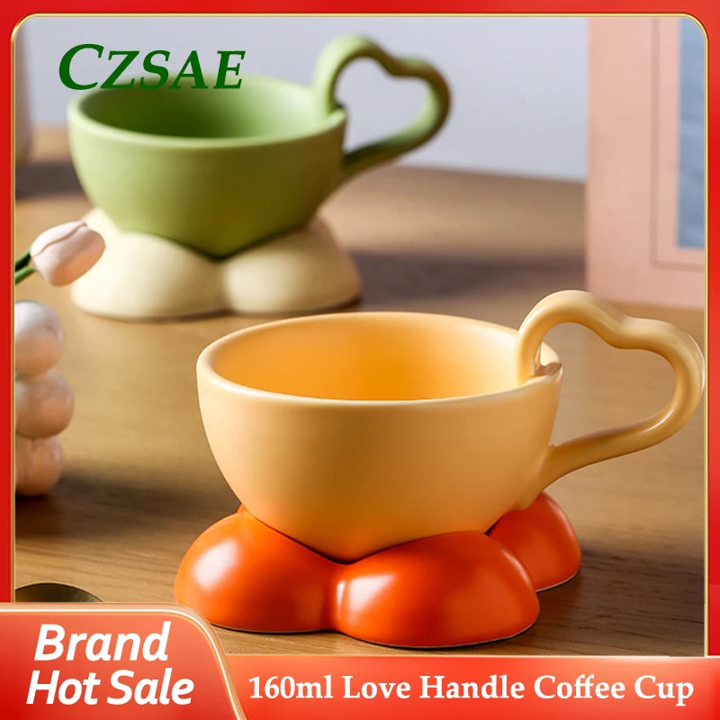 

Creative Love Handle Ceramic Coffee Cup with Tray Tableware Set Breakfast Milk Cup Lovely Birthday Gift Macaroon Color