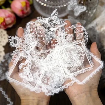 30pcs White Fantasia Series Decorative Stickers Lace Butterfly Bottle Scrapbooking Material Label Diary Cup Junk Journal Planner