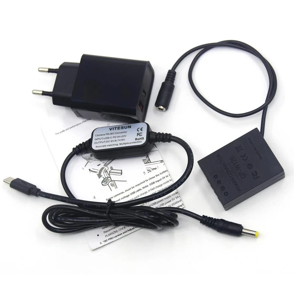 USB Type-C 충전기 케이블 + CP-W126 더미 배터리 + Fujifilm X-PRO1 X-E1 X-E2 X-T1 T10 X-T2 X-A1 HS33 HS50 EXR용 PD 충전기