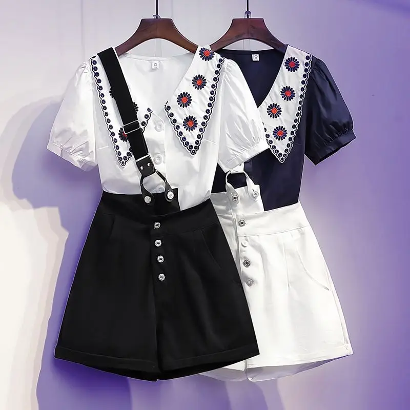 Women's Clothes Two Piece Set 2023 Summer New Pop Street Fashionable Short Sleeve Shirt Reduced Age Denim Strap Shorts Outfits