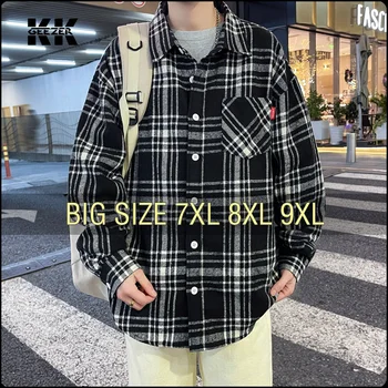 Camicia da uomo Plaid Fleece manica lunga nero Oversize 6XL 7XL 8XL 9XL Plus Size autunno moda Casual allentato inverno morbido vestito camicia 1