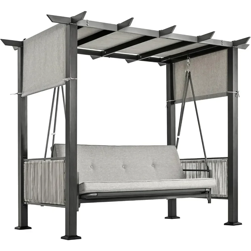 3-Seat Patio Swing Chair,Outdoor Patio Swing Bed with Adjustable Curtains,Porch Swing Bed for Balconies, Gardens and Poolside 6