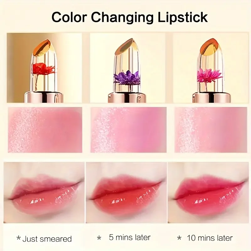 3pcs Nature Inspired Color Changing Flower Jelly Lipstick Set-Moisturizing,Long-lasting,Temperature-sensitive Balm Lip Gloss Set 4